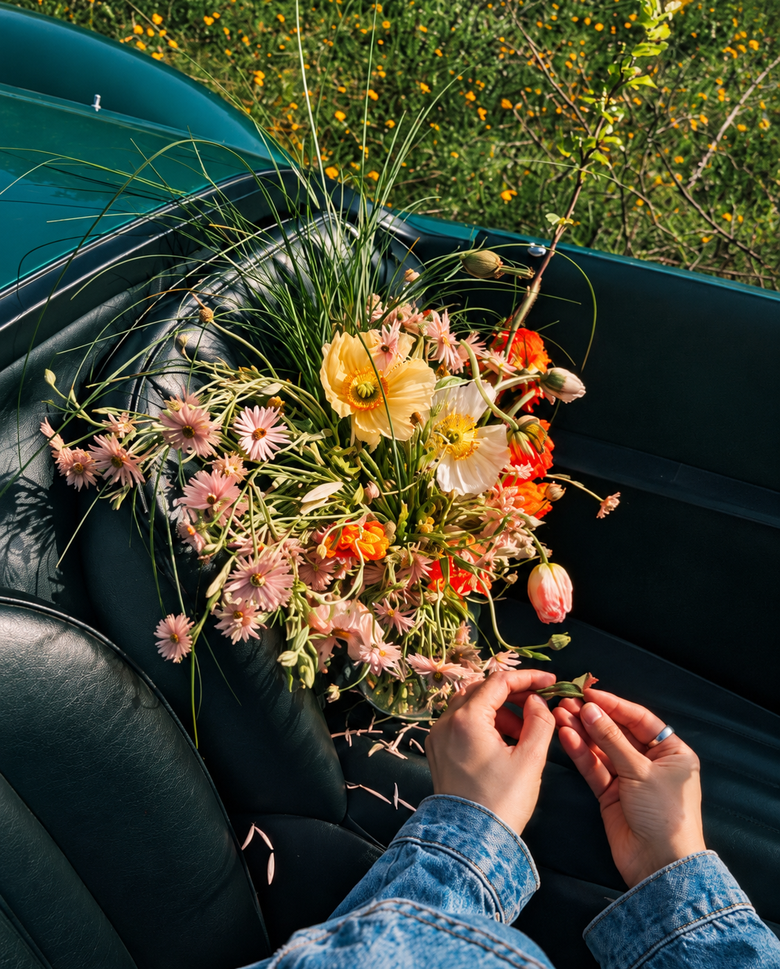 Bouquet libre de fleurs jaunes et roses dans une voiture verte
