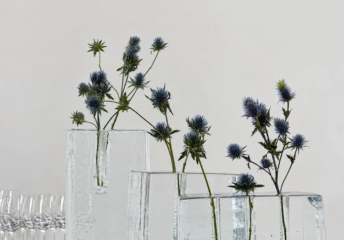 Chardons bleus aux longues tiges dans des soliflores transparents