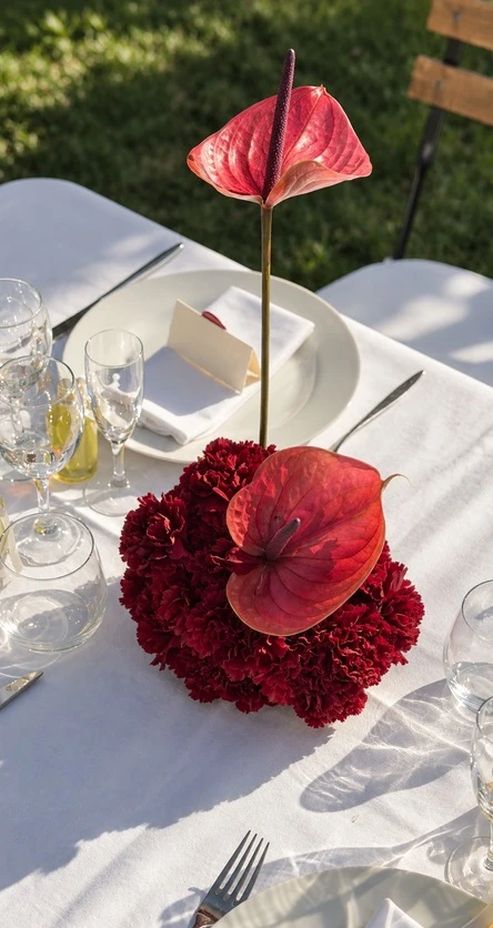 Dahlias bordeaux et anthurium rose au centre d’une table de réception