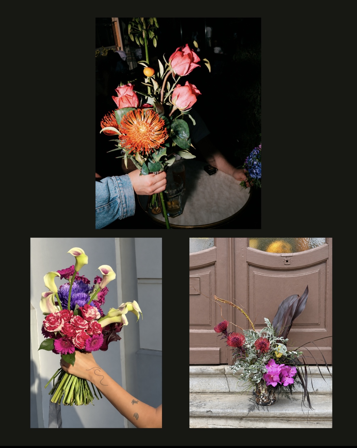 Bouquet rose et orange aux textures graphiques sur fond sombre