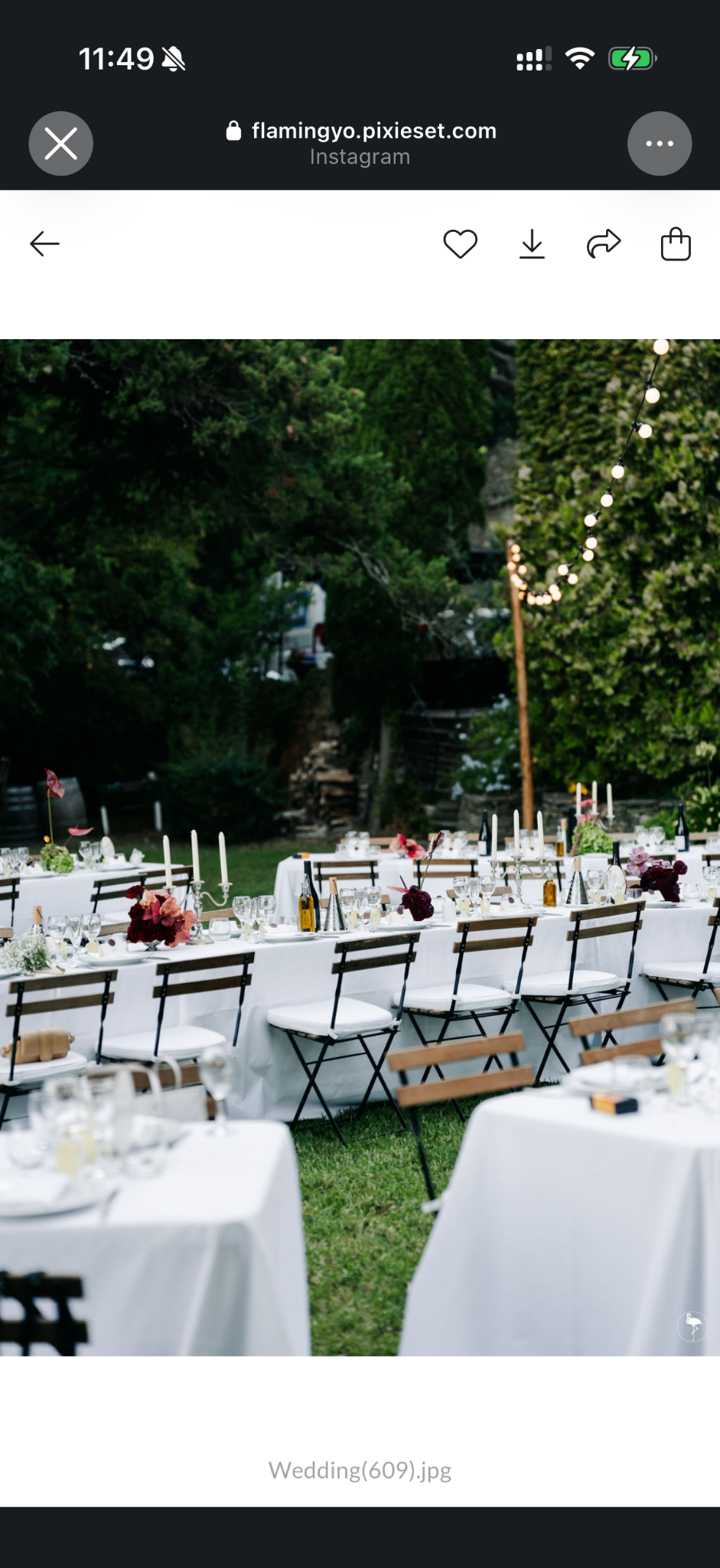 Tables de mariage avec fleurs bordeaux et roses sous des guirlandes lumineuses au jardin